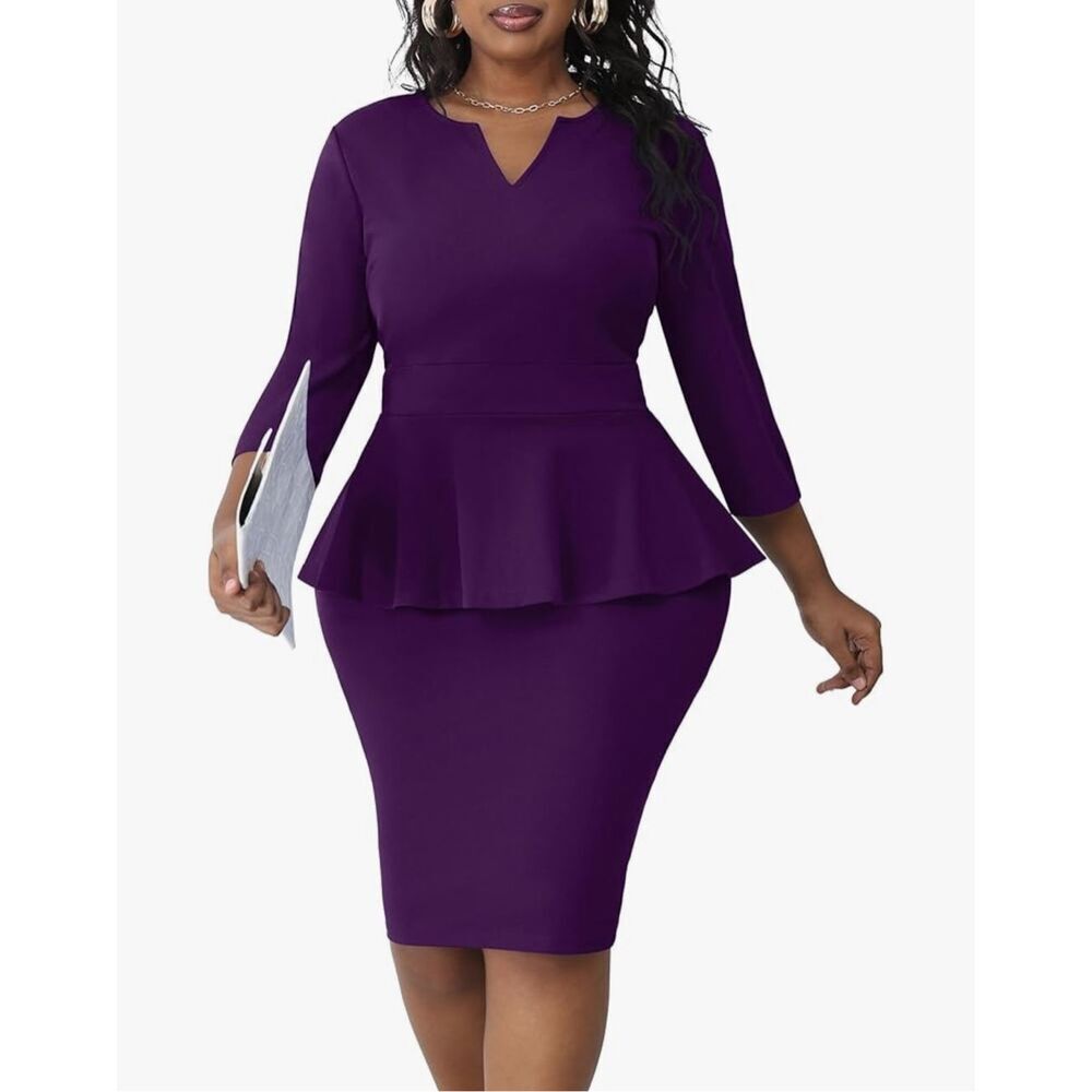 NEW Career Peplum Vintage Pencil Dress V Neck 3/4 Sleeve 2X